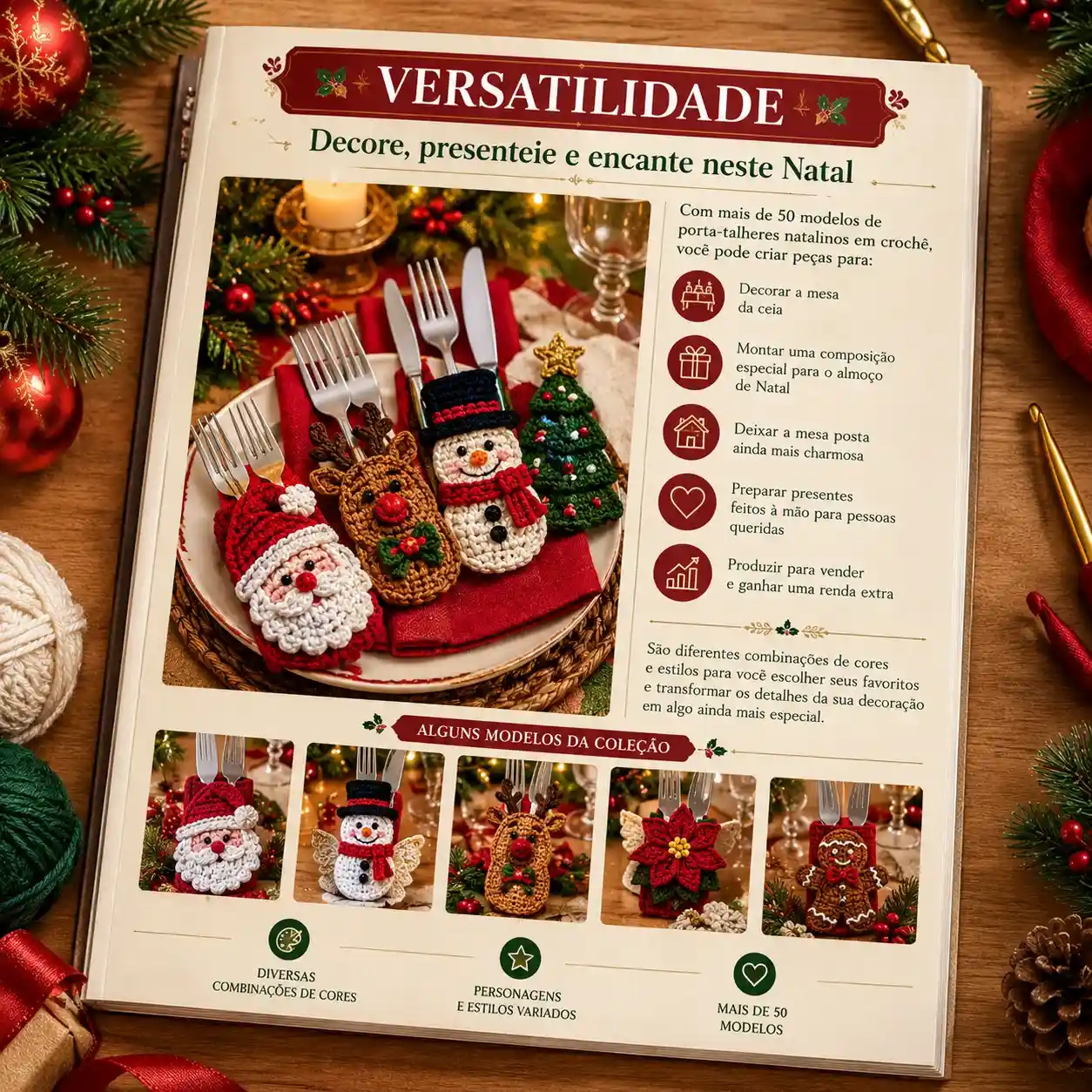 Mesa de Natal decorada com porta-talheres de crochê